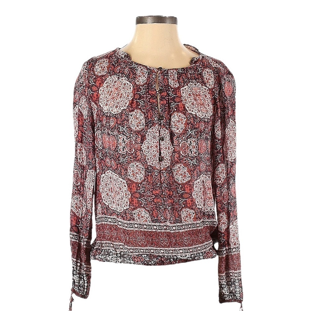 🌺 Lucky Brand Boho Red Floral Medallion Lightweight Long Sleeve Blouse Size XS